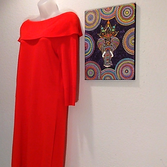 LEMMIE FOR NINA LEONARD CHERRY RED OFF SHOULDER SWEATER DRESS - Picture 3 of 6